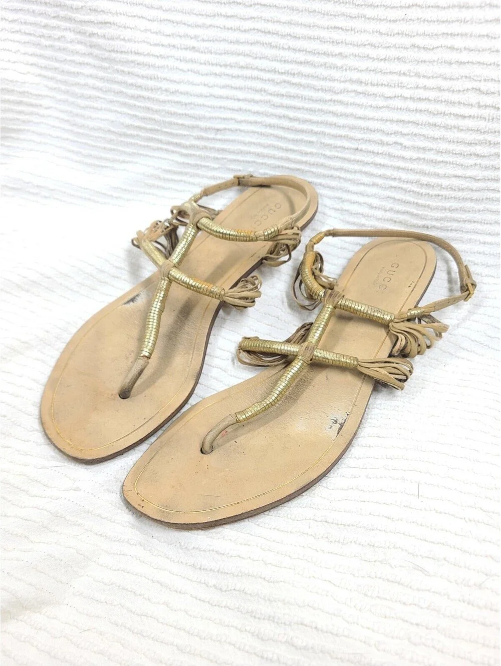 Gucci Suede Rattan Sandals Wrapped Gold Ankle Buckle 39.5 9.5 AsIs Worn